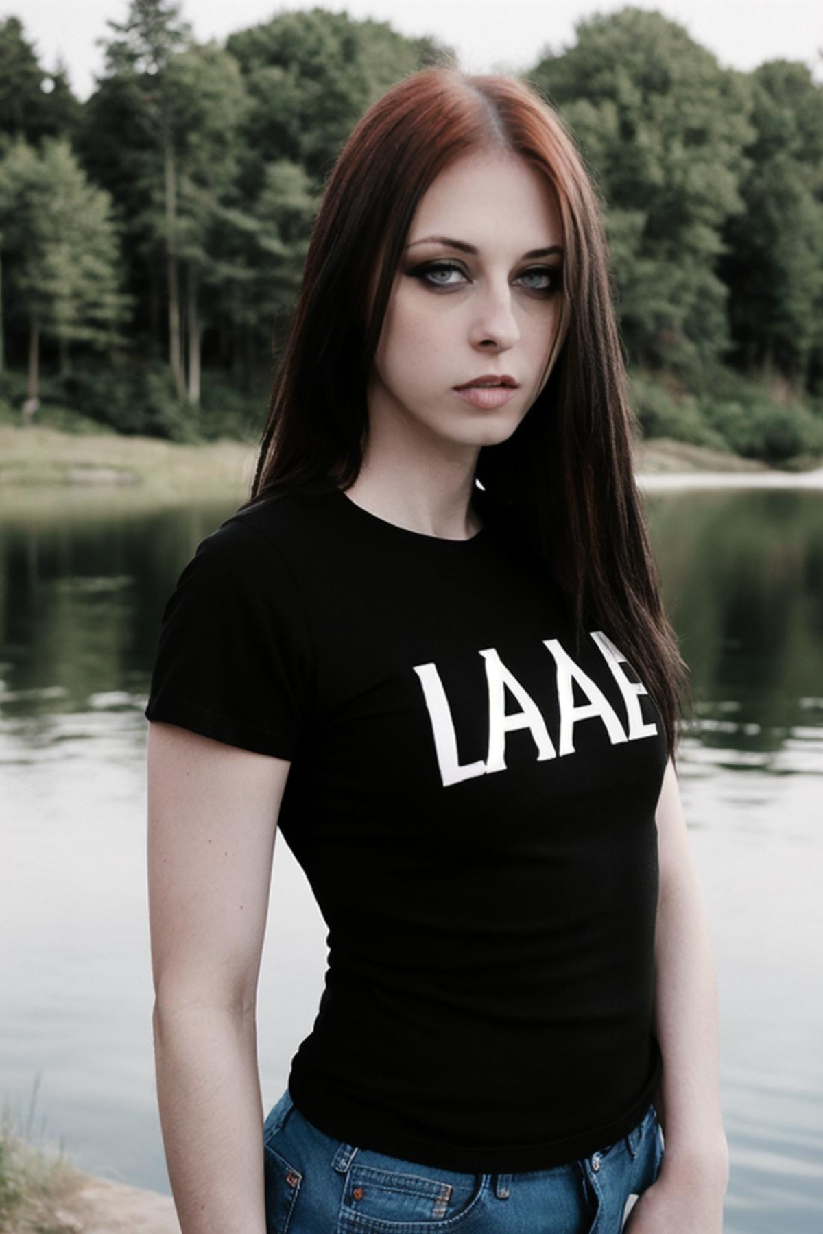 a RAW photo, portrait of lizvicious, wearing black t-shirt, jeans, lake at background <lora:LizVicious:1>