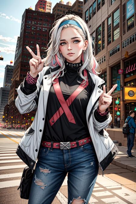 (masterpiece, best illustration, extreme light and shadow), (1boy:.6), solo, (non binary:.8), (girl focus:.7), (mature:.9), transgender female, white hair, two tone hair, jacket, blue jacket, pink gloves, pink eyes, white hair, headband, white denim jeans, multicolored hair, blue headband, multicolored clothes, hair behind ear, long hair, green bodysuit, looking at viewer, open jacket, yellow jacket, arm up, multicolored bodysuit, goth eye liner, wristband, emo punk style, (punk:1.5), jewelry,(dynamic angle), (two fingers showing a peace sign, hand up), depth of field, tattoos, (downtown minneapolis:2),, (best sunlight:.8), (lens flare:.9), (fantasy scene:1.3), (superhero:.4), (rogue of the x-men:1.2), wind swept hair, (conservative clothing:.3), (sidelighting), (volumetric lighting),