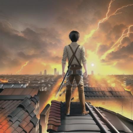 1boy,((Eren_Yeager)),(attack on Titan),brown hair,high quality,masterpiece,detailed hands,detailed face,(godrays:1.3),sun,destroyed city,(intense coulours:1.3),(vibrant colours:1.4),extreme colours,fire in background,black smoke,sparks,(standing on rooftop:1.5)