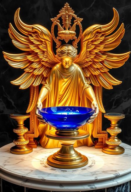 This altar is fabulously crafted out of gold and marble.  The bowl in the
angel's hands is made of polished sapphire, and the water seems to glow
with an inner light.