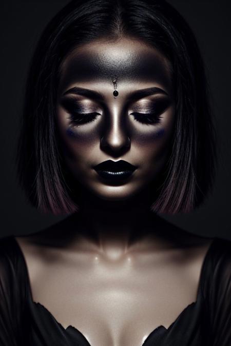 The image is a high-resolution photograph of a person with an ethereal, surreal aesthetic. The subject is a woman with a striking, statuesque appearance, her face and body draped in a dark, almost black, high-fashion ensemble. She has her eyes closed, giving an impression of serenity or contemplation. Her makeup is dramatic, with dark, matte lipstick and eyeshadow that matches the dark tones of her attire.