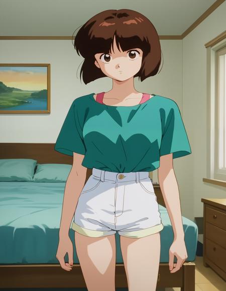 1girl, solo, NabikiTendo, short hair, brown hair, bob cut, brown eyes, white blouse, blue dress, green shirt, shorts, white shorts, yellow blouse, sleeveless, shorts, blue shorts,