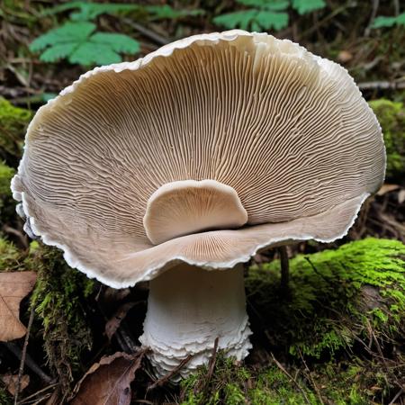 Macro shot of Oyster Mushroom with Turkey Tail formation <lora:MyShroom:0.4>