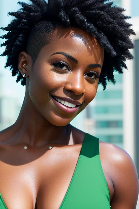 closeup portrait photo of sanaa in a green dress, frizzy black undercut hair with shaved side of head, deep-v neckline, smiling, cyberpunk cityscape, 8k uhd, dslr, soft lighting, high quality, film grain, Fujifilm XT3  <lora:sanaav5-64dimm:1>