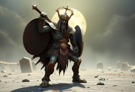 Protagonist Zombie Warrior from Thundarr the Barbarian, standing in a dynamic pose, wielding sword & shield, in hyper-detailed brown and gold attire, hyper-detailed face and eyes. on a gray surface, against a contrasting Cemetary Bomb backdrop. High-res 4K, Octane Render, Unreal Engine 5, CGSociety, trending on Artstation. Cinematic lighting, impeccable composition, creative angle, Golden Ratio, splash ink illustration, matte painting, vivid colors.