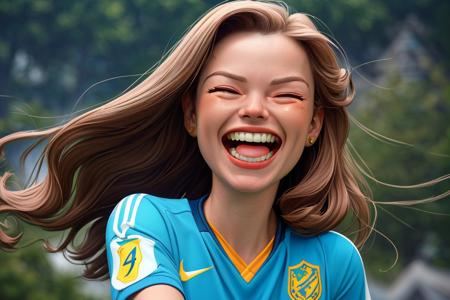 ((((masterpiece, best quality, action shot in the style of [Richard Anderson|Ralph Angus McQuarrie], highly detailed face and eyes, laughing, closed eyes face expression)))), Caucasian woman with eyes:cyan and hair:cerulean wearing soccer player outfit solo focus, <lora:actionshot:1.0>