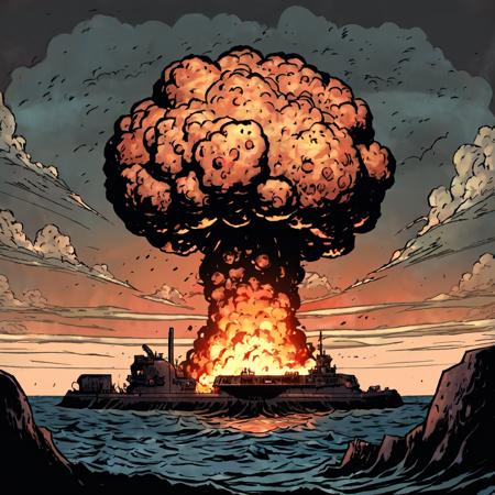 high-quality artwork in dgst artstyle of a nuclear explosion over the ocean