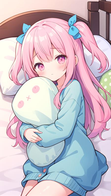 beautiful illustration, best quality, cute girl, bedroom, hugging pillow, pink hair, two side up, sleepy