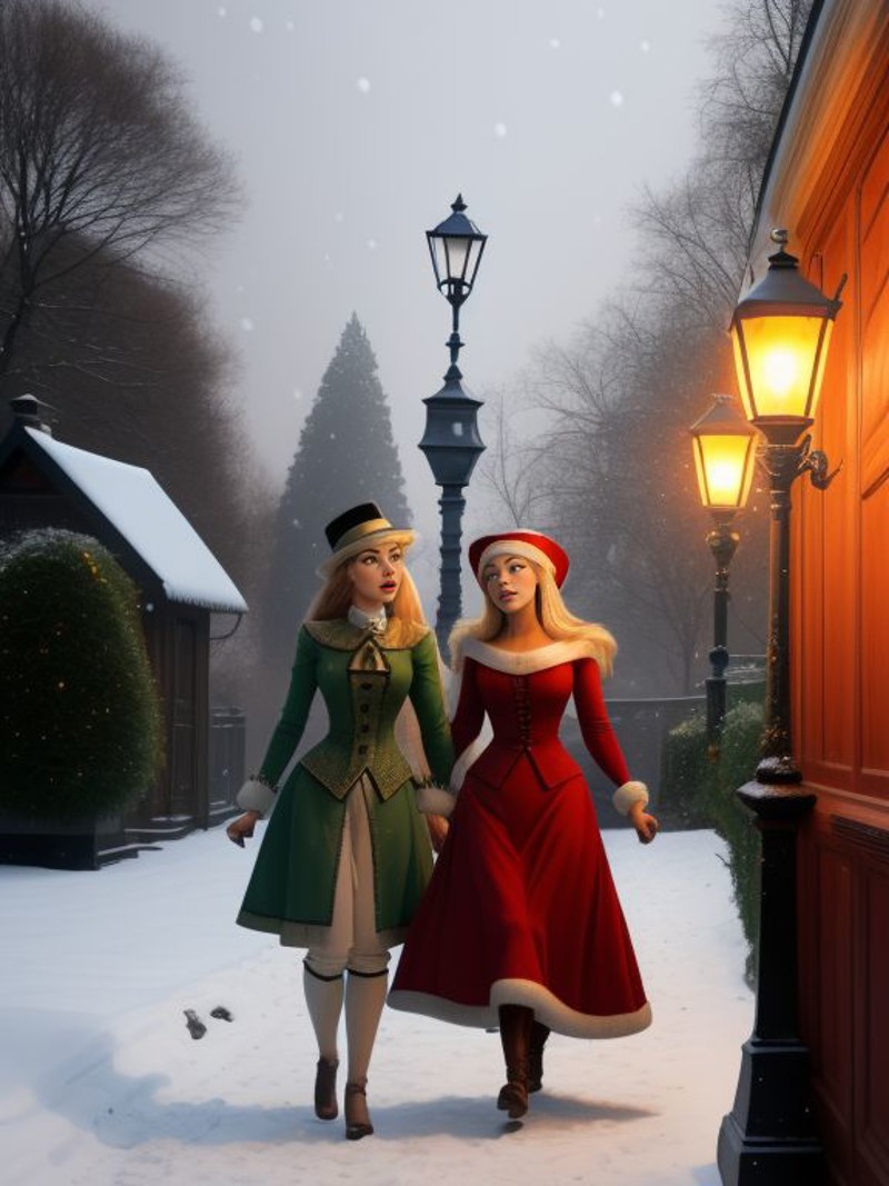2 women in Victorian Garb, Vickie_Zane,Maria_Valez, stepping out the back of a wooden wardrobe into the world of Narnia, s...
