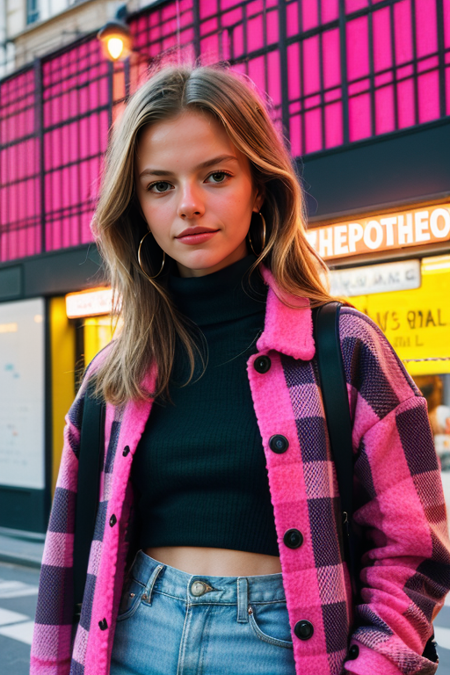 FloorBrinkman, (upper body, woman with a necklace with a neon sign in the background, ((pink plaid wool jacket, neon green turtleneck, statement jewelry)), makeup, character album cover, psychedelia style, joy, promotional photoshoot, Vogue magazine cover style, promotional render, center parted curtain bangs), Paris street background