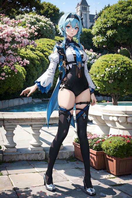 <lora:Eula:0.75>, (((best quality, masterpiece, good anatomy))), eula_in_genshin, cowboy shot, 1girl, blue short hair, black hairband,a leotard with a white top and black bottom, white long sleeves, blue necktie, jewelry on the shoulder, black thighhighs, high heels, standing, full body,outdoors, castle, streets, green plants, flowers,