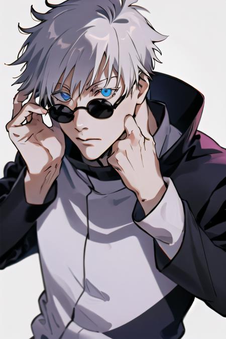 solo,  looking at viewer,  short hair,  bangs,  blue eyes,  simple background,  shirt,  long sleeves,  1boy,  white background,  hair between eyes,  closed mouth,  school uniform,  jacket,  white shirt,  upper body,  white hair,  male focus,  hand up,  black jacket,  blood,  sunglasses,  blood on face,  colored eyelashes,  round eyewear,  gakuran,  gojou satoru, Jujutsu Kaisen, roru, artwork,<lora:EMS-285009-EMS:0.800000>,<lora:EMS-13553-EMS:0.800000>