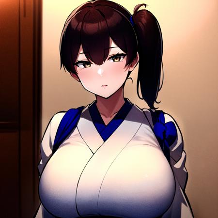 kaga_\(kancolle\), huge_breasts, side_ponytail, japanese_clothes,  brown_eyes, brown_hair, (masterpiece, best quality, asburdres, detailed eyes:1.0),   <lyco:Kaga_Kancolle_v1.0:0.6>