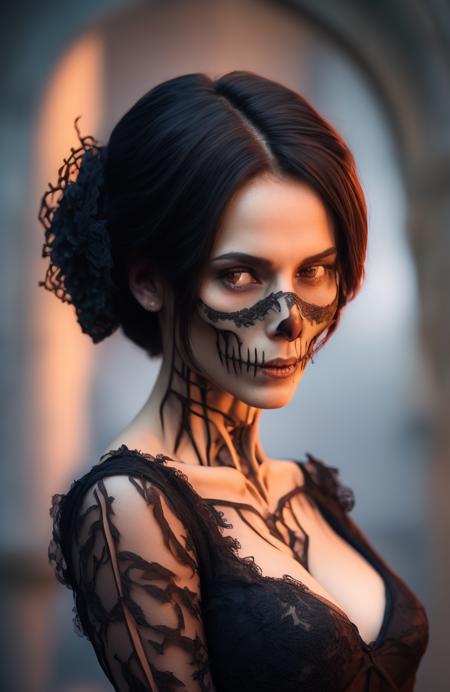 Style-Widow_SD2, photo realistic, ultra details, natural light ultra detailed portrait of a female necromancer, skeleton face volumetric fog, Hyperrealism, breathtaking, ultra realistic, ultra detailed, cinematic lighting, highly detailed, breathtaking, photography, stunning environment, wide-angle