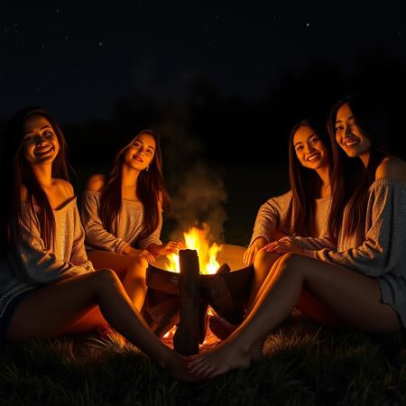 A group of Pinay girlfriends (dark long hair, medium breasts, small firm ass) sitting in a wide circle around a warm, crackling campfire at night, The soft, golden glow from the flames illuminates their faces and bodies, casting playful shadows. They are dressed in cozy, off-the-shoulder glitter sweaters and shorts, with bare feet touching the soft grass. One woman is leaning back, her long hair flowing, while another playfully brushes a strand of hair from her face. Their relaxed postures and warm smiles suggest deep friendship and subtle intimacy. The dark night sky, sprinkled with stars, contrasts with the warm light of the fire, adding a sense of mystery and closeness to the scene. The focus is on the warmth of the moment and the natural beauty of their connection.