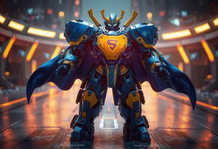 Superheavy robot Samurai Soulbreaker Armor, vibrant blue armor plating, yellow chest 'S' emblem, stands powerfully centered on futuristic Catapult Zone surface. Arms outstretched, poised stance, dynamic blue cape billows behind. Cinematic lighting, depth of field, sharp focus. Octane render, Unreal Engine 5, Houdini, CGSociety, trending on Artstation. Highly detailed, vibrant colors, dramatic angle, impeccable composition. 4K.