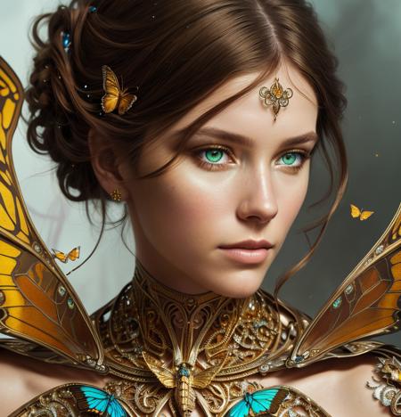 photo, 8k portrait of beautiful cyborg with brown hair, intricate, elegant, highly detailed, majestic, digital photography, art by artgerm and ruan jia and greg rutkowski surreal painting gold butterfly filigree, broken glass, (masterpiece, sidelighting, finely detailed beautiful eyes: 1.2), hdr, realistic, high definition