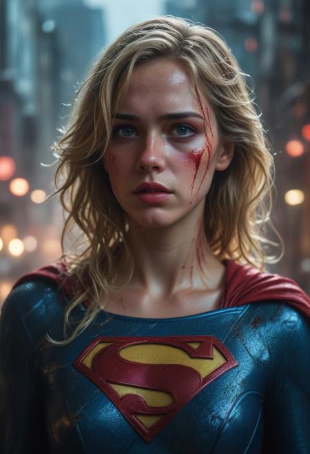High resolution ultra-realistic of Beautiful bloody Supergirl fighting against alien invasion, cinematic style, standing on a bloody and stormy battle in a destroyed city in a fighting pose, bloody and dirty, realistic blue combat costume, red mini skirt, red cape, perfect athletic figure, wavy blonde hair, handsome bloody face, beautiful perfect detailed pupils, wet oily shiny skin, covered in dirty and blood, beautiful firm Breasts, defiant and seductive, attractive 21 year old Supergirl, 8k resolution concept art portrait by Greg Rutkowski, Kiernan Shipka, Dark Gotham City, Artgerm, WLOP, Alphonse Mucha, dynamic lighting, hyperdetailed, intricately detailed, Splash art trending on Artstation triadic colors, Unreal Engine, 5 volumetric lighting, Cinematic Lighting, intricate, smooth, sharp focus digital painting, Asymmetrical Balance, realistic eyes, ultra detailed atmospheric details, sparkle effects, realistic body proportions, beautiful body Supergirl proportions, complex masterpiece, dramatic atmosphere