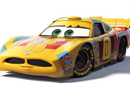 race car, cartoon,car, nascar, vehicle, detailed, cg, detailed eyes and mouth, 3d rendering, pixar, eyes, looking at viewer, hq rendering <lora:pixarcars:1.2>, ho humans, character art, white background, official art