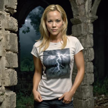 <lora:mariabello_sdxl:1> mariabello,   a beautiful woman, beautiful bone structure, in a (ruin), in the woods, spooky,  wearing a (t-shirt:1.1), (thunderstorm:1.2),  (realistic, photo-realistic:1.37), ultra high res, ultra-detailed, incredibly beautiful girl, 8k uhd, dslr, soft lighting, high quality, film grain, Fujifilm XT3