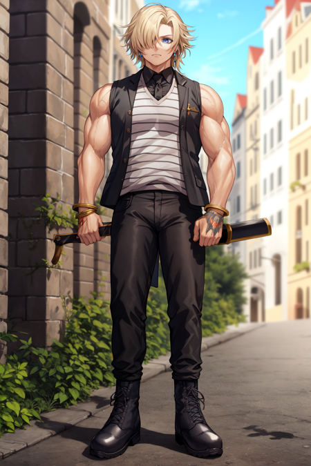 daybitsemvoid, blue eyes, striped, black footwear, standing, outdoors, vest, jewelry, hair over one eye, muscular, weapon