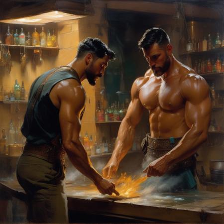 two men in the workshop.
flat colors, bright lighting, shadowplay, vignette, realism.
R and M: body hair, shirtless, attractive, rugged, masculine, emotional, (mexican:1.8), lovers, mid-30s, sweaty.
R: skinny, tall, gentle, medium-brown-skinned, very-short black hair, perfect beard, significantly taller than M.
M: very-small-statured, hypermuscular, powerful, dark-tan-skinned, short brown hair, short beard, shorter than R.
an extremely detailed, 2000s themed, emotionally-driven, amazing, masterwork oil painting (by Daniel F Gerhartz|Gaston Bussiere|Maximilian Pirner:1.9).
