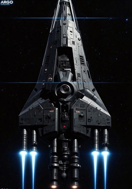 A heavily armored interplanetary deep-range warship in the Space Carrier, Name text: " Argo", Carrier or Heavy Utility, label: "ISV-CV-Argo", "Transit Risk & Contingency Unit"

 The ship is 3.2 kilometers long with a reinforced angular spine and segmented armor plating, optimized for durability during long-duration missions from Mars to Jupiter. The main body is a modular truss-fused frame with a wide, tapered prow housing kinetic railguns, torpedo bays, and a sensor array dome.

Midsection features twin rotating habitat rings (~200m diameter each) mounted on magnetic pylons for artificial gravity, surrounded by layered thermal and radiation shielding. Four elongated fusion-electric engines, span the stern, with folding MPD assist pods for maneuvering.

Visual aesthetic: sleek, dark, military-industrial, with glowing reactor rings and blue-white exhaust trails.

