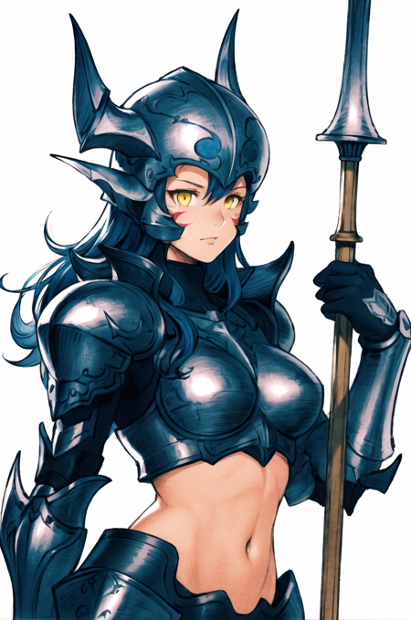 kuroimori, 1girl, armor, blue hair, center opening, from side, helmet, holding, holding weapon, long hair, looking to the side, navel, polearm, solo, upper body, weapon, white background, yellow eyes, dragoon \(final fantasy\), ((masterpiece)) , ((pencil marks)) <lora:kuroimori_offset:1>