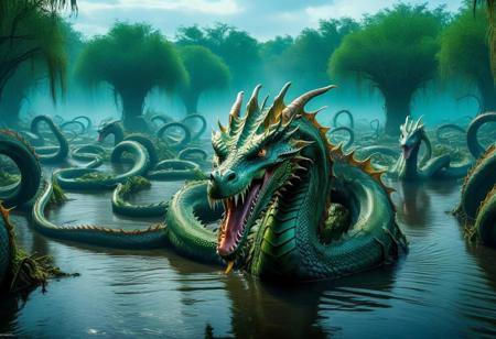 eerie swamp, hydra, many headed dragon, long necks, (one body), wet, half submerged, glistening scales, (absurd res:1.2), (photorealistic:1.2), BREAK, (8k:1.0), (hi res:1.0), (masterpiece:1.0), (best quality:1.0), (realistic:1.2), (ph0t0x2:1.0), (vibrant colors:1.0)