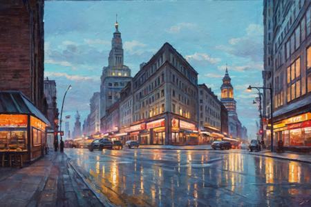 <lora:Zaxarovobv:0.65>
zaxarovob, a painting oil, urban skyline, dusk, neon-lit streets, pedestrians, Art Deco, modern skyscrapers, street vendors, sunset reflection, clear atmosphere, wide-angle view