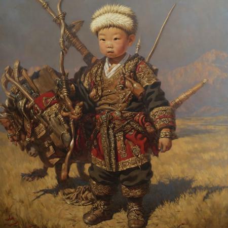 Mongolian  little boy, in warrior outfit
highres, hq, highly detailed, oil painting, 
 <lyco:Meirzhan_Nurgozhin:1>