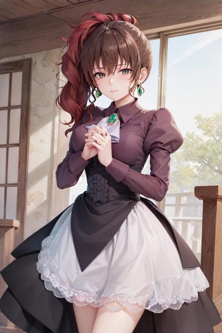 (masterpiece, best quality:1.2), <lyco:umineko_ushiromiyanatsuhi-10:0.9>, cowboy shot, solo, 1girl, ushiromiya natsuhi, expressionless, looking at viewer, own hands together, side ponytail, dress, ascot, puffy sleeves, jewelry, earrings