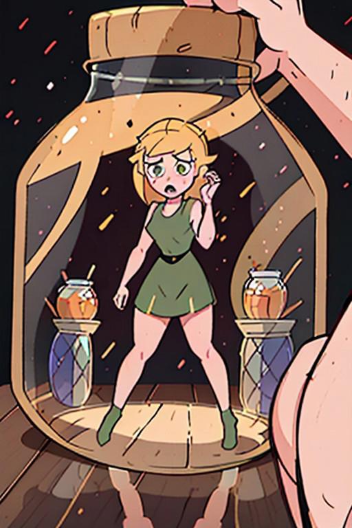 1girl, shrunken female Kim Possible dressed as Tinkerbell in a glass jar on a table. Her hands are pressing against the sides of the glass jar in an attempt to get out. (masterpiece, best quality, hyperrealistic, high resolution:1.2), extremely detailed, intricate details,Normal height people are looking at the jar