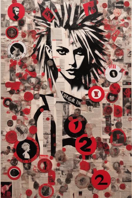 <lora:Punk Collage:1>Punk Collage - black, white and red, flat, 2D punk rock poster made up of magazine clippings that represent the Zodiac sign Virgo