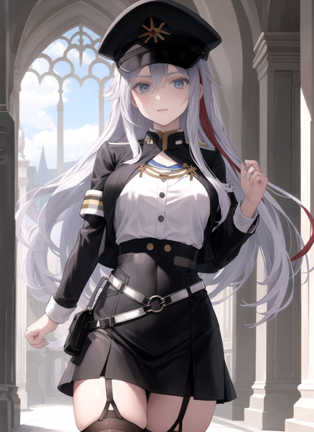 (masterpiece), (best quality)
BREAK <lora:bloodyRegina:1> , vladilena milize, military uniform, military hat, black jacket, multiple belts, black skirt, garter straps, white thighhighs
BREAK indoors, pillar, large window