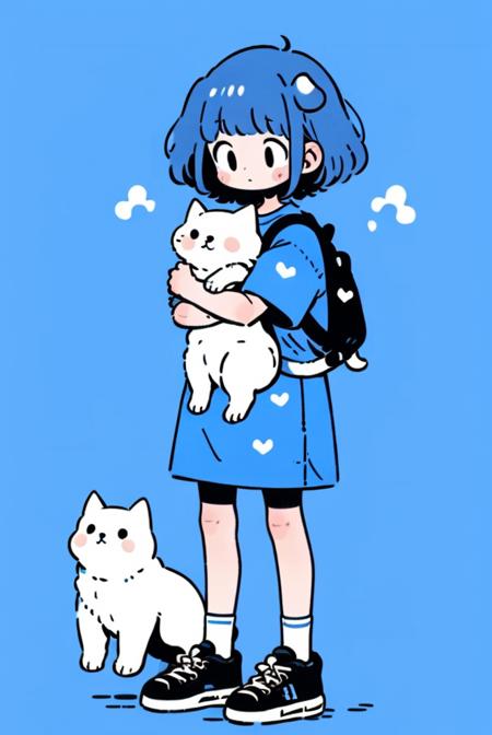 1girl, holding animal, solo, blue background, holding, shirt, bangs, holding cat, short sleeves, black footwear, socks, animal, skirt, shoes, blue hair, short hair, simple background, cat, full body, blush, white shirt, no nose, standing, blue theme, blue skirt, white socks, dog, blush stickers, limited palette, medium hair<lora:tuyafengge_20230707170048:0.9>