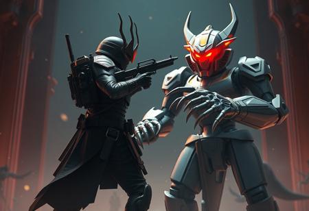 Silent standoff: Horus' Servant soldier in black/gray gear with gun and knife, facing Brotherhood of the Fire Fist - Tiger King robot, gray/black with claw arm and visor. Dream Mirror of Joy background, highly detailed backdrop. Cinematic lighting, dynamic pose, isometric, Golden Ratio composition. Splash Ink Illustration, Raphael style, Houdini style, Octane Render, Unreal Engine 5, Grammer Effect style. Vivid detail, stunning colors, trending on ArtstationHQ, CGSociety.