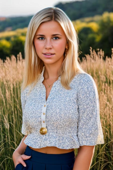 A stunning intricate full color portrait of a 20 year old  beautiful blonde woman wearing a teacher outfit, on a field trip,  golden hour, shy, epic character composition,by ilya kuvshinov, alessio albi, nina masic,sharp focus, natural lighting, subsurface scattering, f2, 35mm, film grain , (straight hair)  <lora:DidoA:1>