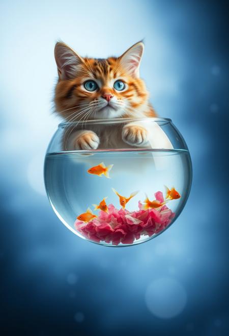 a fish bowl orbiting a cat