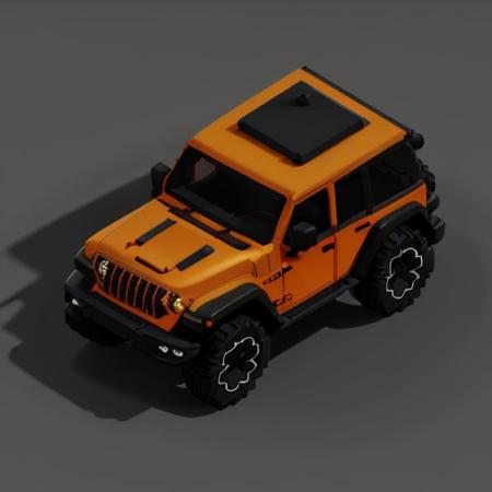 isometric voxel, isometric, voxel, Jeep Wrangler, Jeep, orange jeep, piano, isometric voxel, isometric, voxel