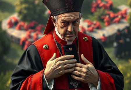 "Create a 4K ultra-high-resolution masterpiece depicting a solemn cardinal in traditional black-and-red ceremonial attire. The cardinal should be shown in a dynamic action pose with his right hand over his chest and left hand holding a white document. The composition must follow the golden ratio with isometric perspective, featuring a beautifully detailed background of blurred greenery and distant figures. Render the image using Unreal Engine 5 with Octane Render technology to achieve lifelike textures in the cardinal's robe and zucchetto. Apply Raphael's classical aesthetics combined with Houdini's procedural detail work, while incorporating Grammer Effect lighting for dramatic impact. The face should exhibit meticulous detail with expressive eyes conveying both authority and contemplation. Use a harmonious color palette with vibrant red accents against deep black and natural green tones. Ensure the final piece meets ArtstationHQ trending standards with balanced editing and sharp brush strokes."