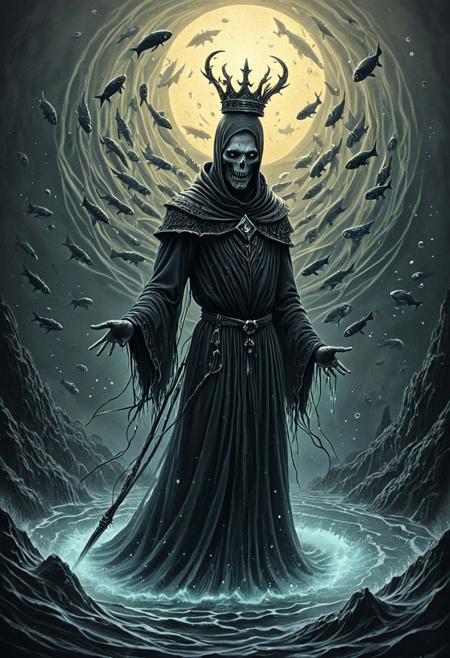 A grim, undead sorcerer conjures a portal of swirling darkness—only for a swarm of tiny, glowing fish to swim out and circle his head like a living crown., pencil shading,charcoal drawing,tinted paper,pencil drawing,brutal dark b/w color scheme,A striking ultra HD charcoal drawing,overall composition is a perfect balance of intricate and insanely detailed elements