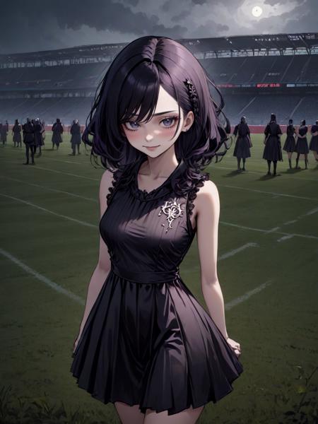 Gothic style woman wearing a tennis dress <lora:xl_tennis_dress-1.0:0.8>, sportswear, smiling, sports field . Dark, mysterious, haunting, dramatic, ornate, detailed