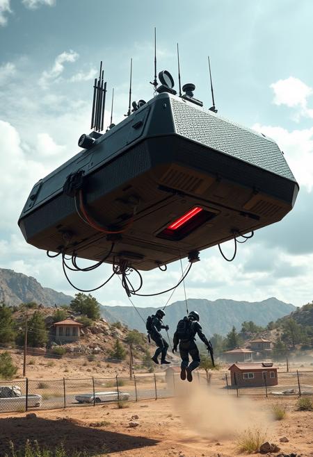 ultra high resolution, masterpiece, best quality, small featureless angular glossy black spacecraft with a heavily textured surface hovering low to the ground, underneath the spacecraft are cables hoses and wires, antennas on top, cables hanging from below, rectangular in shape, futuristic world, post apocalyptic landscape, anti gravity, in the atmosphere, sky, clouds, ground visible, hovering,  green trees and hills, rocky outcroppings, small buildings, chain link fence, small open entrance ramp at the lower edge of spacecraft, soldiers in dark armored spacesuit deploying from a brightly red backlit entrance, bright noon sun, the antigravity drive kicks up dust under the ship