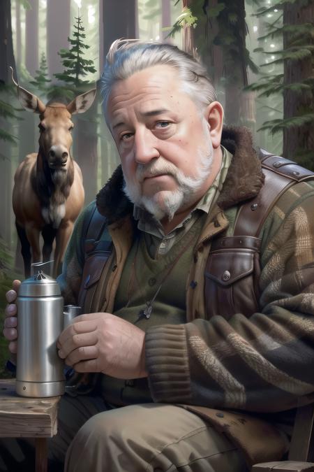 award winning portrait photo of a man LeifGW, sitting on a hunting tower, holding a thermos in his hand, a moose is standing behind, forest, serious look, sharp focus, digital painting, concept art, smooth, intricate details, medium shot, (shallow depth of field:1.3)