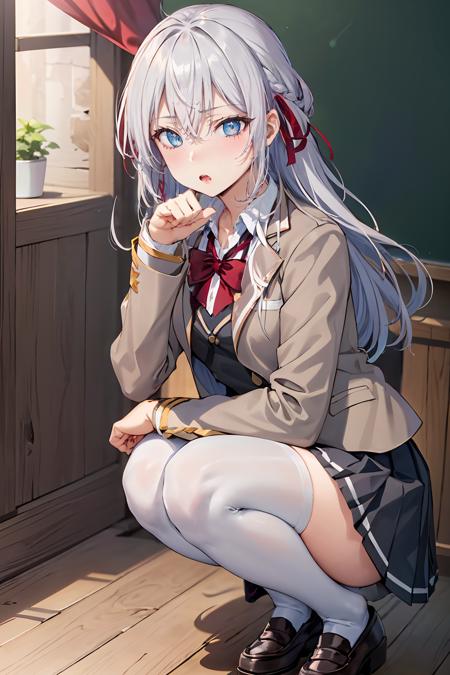 white hair,grey hair,long hair, bangs, hair between eyes,blue eyes,hair ribbon, red ribbon,open jacket,grey jacket,  bowtie, school uniform, long sleeves,red bow,blazer, collared shirt, zettai ryouiki,pleated dress, dress,white thighhighs, loafers,