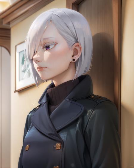 (masterpiece, best quality:1.2), <lora:sxf_frost_v11-20:0.9>, upper body, solo, 1girl, fiona frost, expressionless, closed mouth, short white hair, hair over one eye, purple eyes, coat, jewelry, earrings