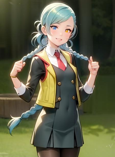 masterpiece, official art, 1girl, CGI,  <lora:mizuki-10_2:0.8>, ainimizuki, vest, red necktie, blue eye, yellow eye, heterochromia, twin braids, pantyhose, dress skirt, black gloves, collar, small breasts, thumbs_up, sleeves_rolled_up, smiling, beautiful green park background,