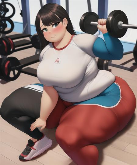 art by better with salt, (masterpiece), highest quality, 1girl, obese, thick thighs, wide hips, female only, tight clothes, gym clothes, gym background, sitting down,