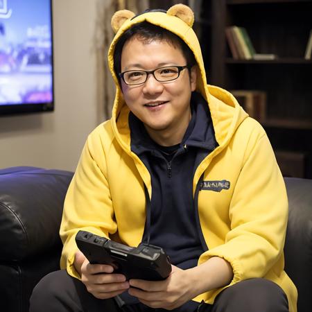 (8k, RAW photo, best quality, masterpiece:1.2),(realistic, photo-realistic:1.37), physically-based rendering,extremely detailed,highest quality,
miyazaki hidetaka, (yellow hoodie),bear hood, ((hood up)), smile,   leaning forward, looking at viewer,sitting, holding, holding  game controller, game console, video game, pizza box,living room, solo,
<lora:miyazaki_hidetaka:0.65>